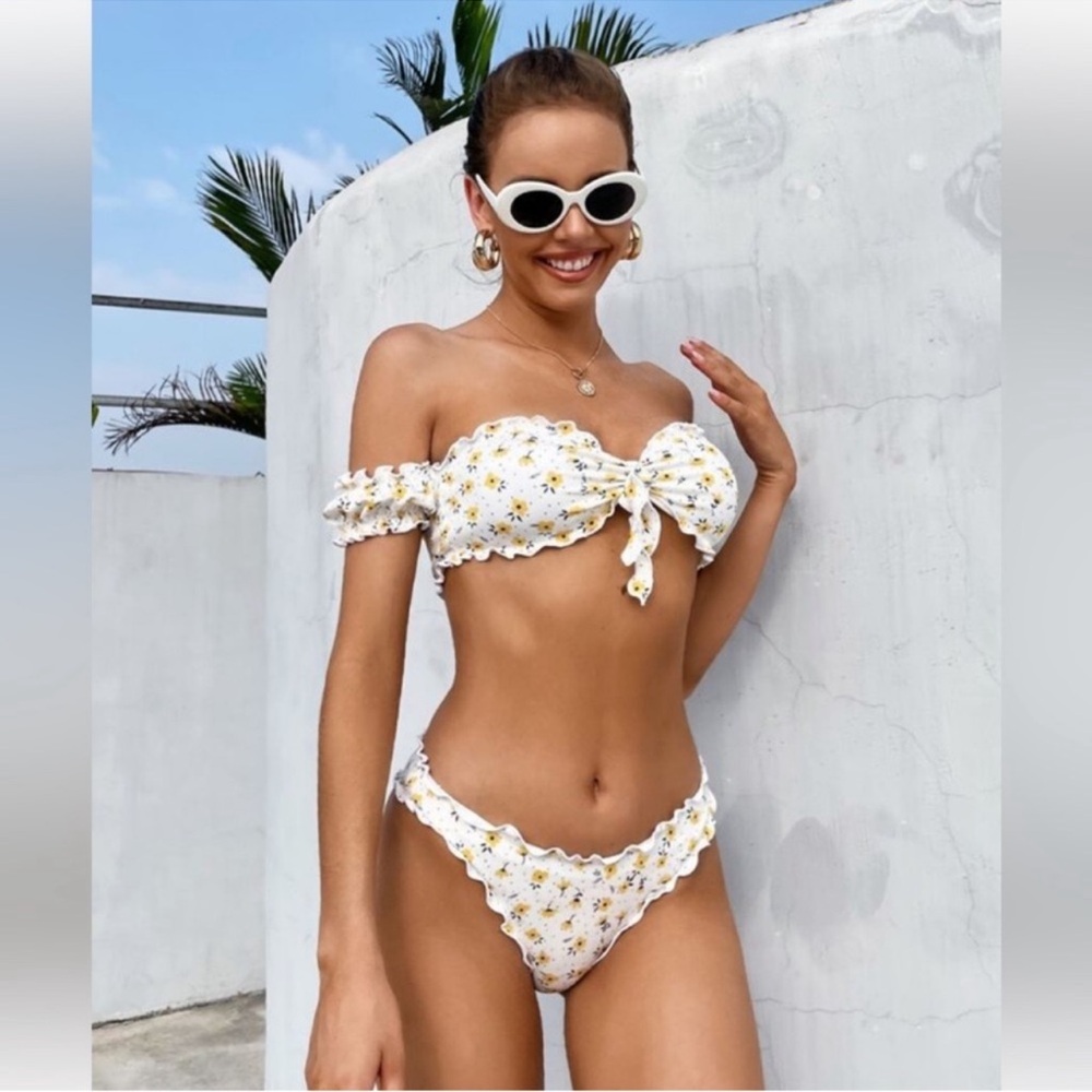 Ditsy Floral Rib Knot Front Bardot Bikini Set